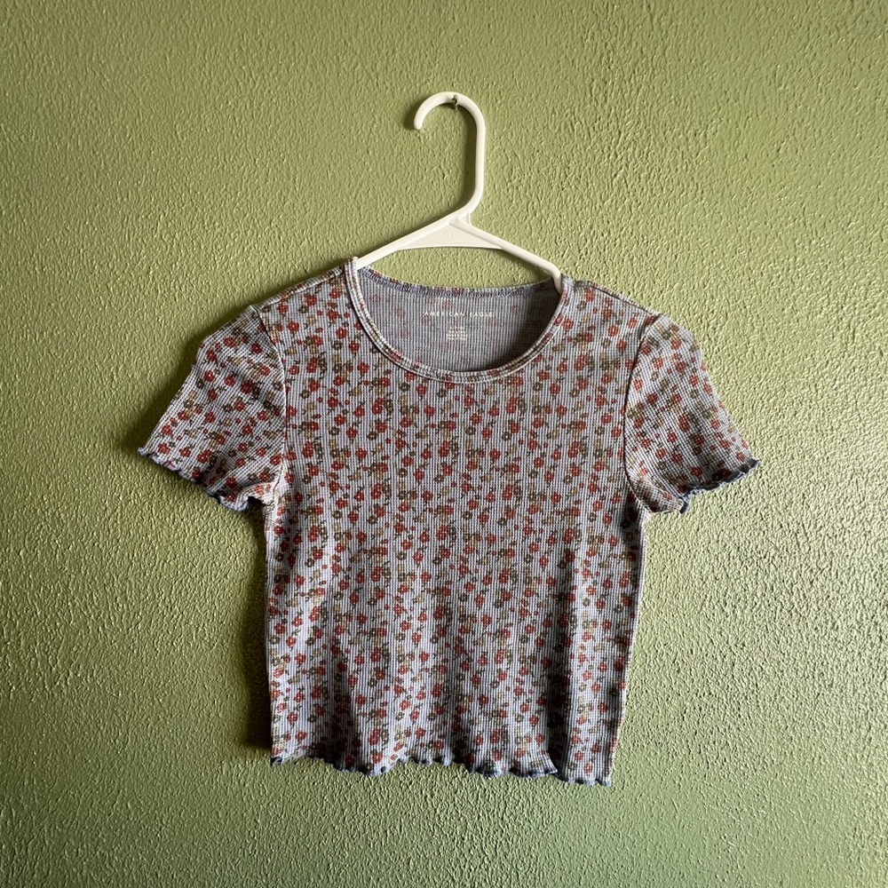 American Eagle Outfitters Floral Waffle Crop Ruffle Edge Baby Tee